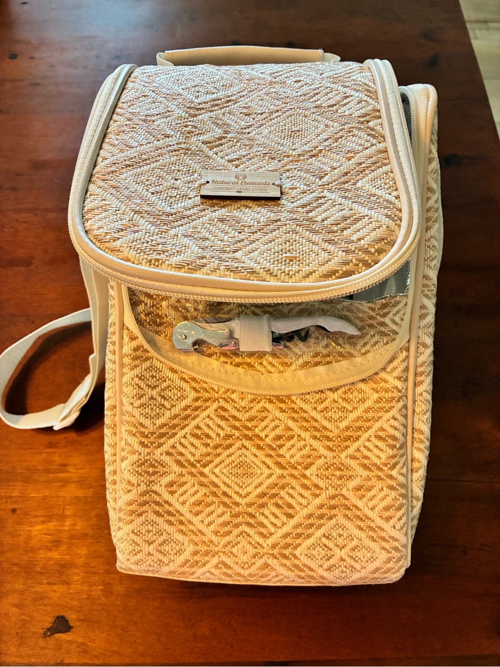 Natural Elements Insulated Wine Carrier, Woven Diamond Bag with Strap